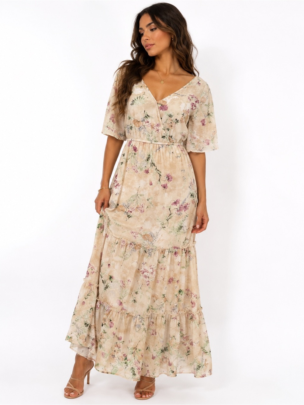Floral V-Neck Maxi Dress in Beige